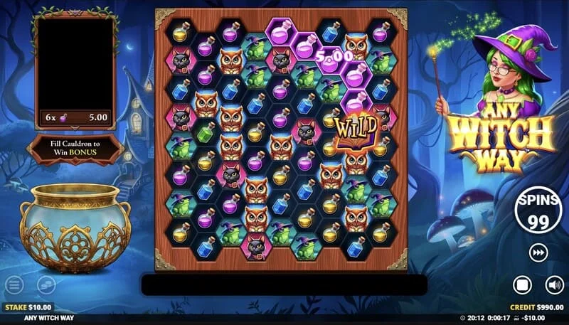 Any Witch Way – spelskärm med kittel och 9x8-rutnät
